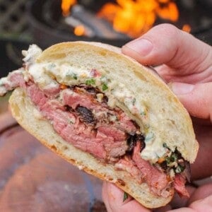 Chimichurrie Steak Sandwich being held close to the camera to show the assembly of the sandwich.