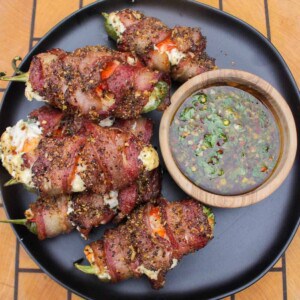 Surf and Turf Jalapeño Poppers with Cilantro Chimichurri plated and served