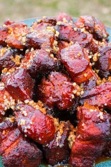 Honey Garlic Pork Belly Burnt Ends are served.