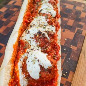 Smoked Meatball Sub assembled and ready to serve.