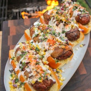 Elote Chorizo Dogs plated and served.