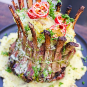 A close up shot of the crown roast of lamb.