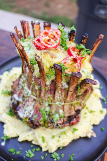 A close up shot of the crown roast of lamb.