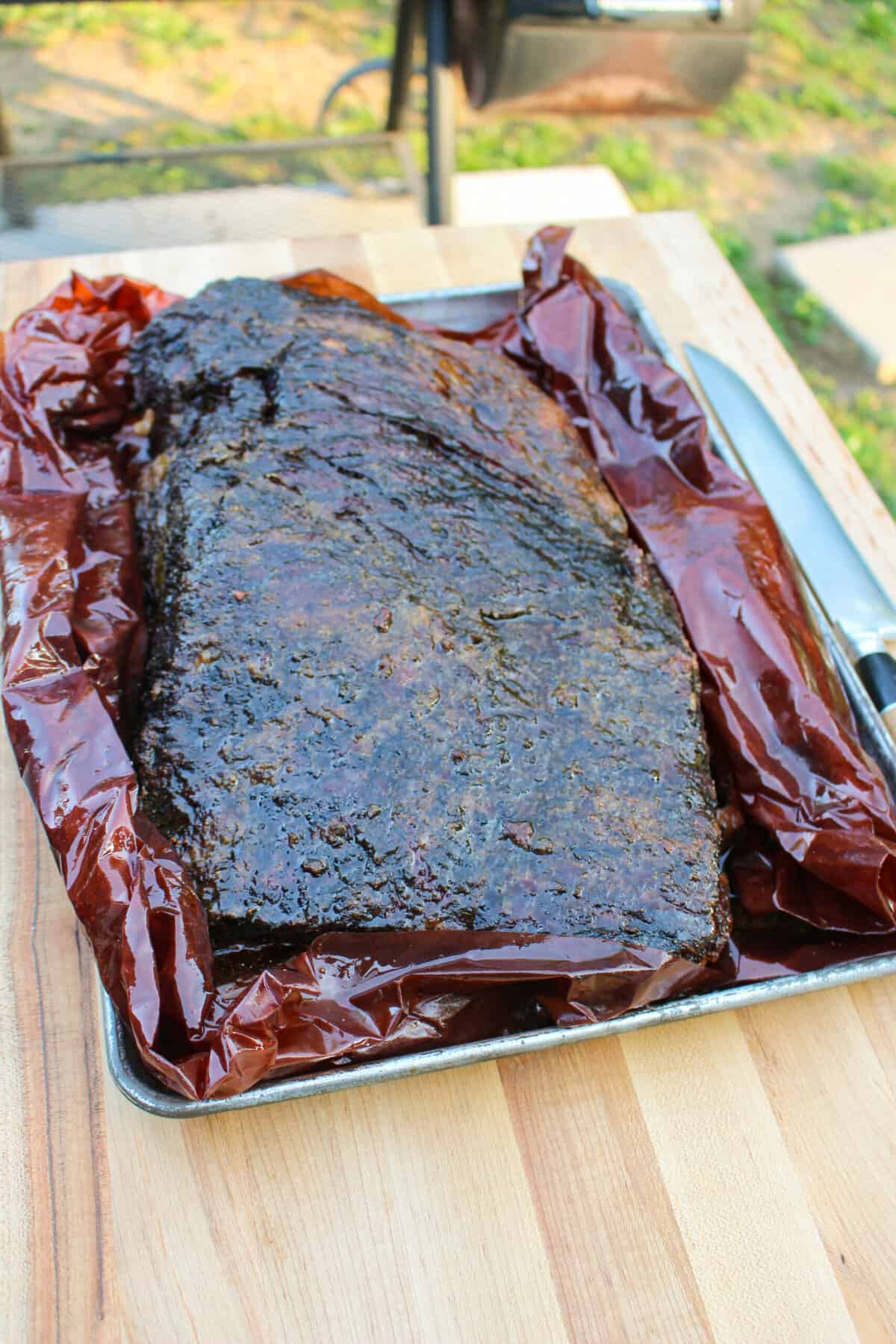 The finished beef brisket, ready for slicing and to be turned into burnt ends.