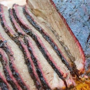 A close up shot of the sliced Texas Smoked Brisket.