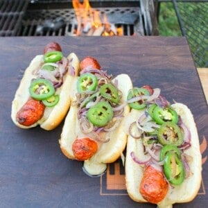 Three Chorizo Hot Dogs with Baconnaise assembled so that they can be served.