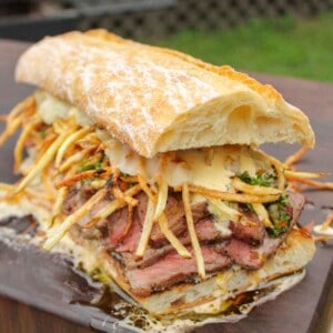 The steak frites sandwich prepared and ready to serve.