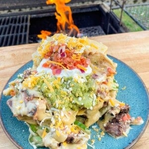 The Grilled Trash Can Nachos assembled and served.