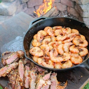 Chili Butter Steak and Shrimp plated and served.