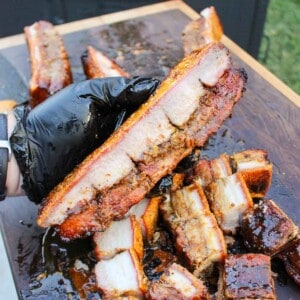 Crispy Pork Belly Burnt ends sliced and ready to devour.