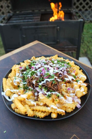 The Birria Fries assembled and served.