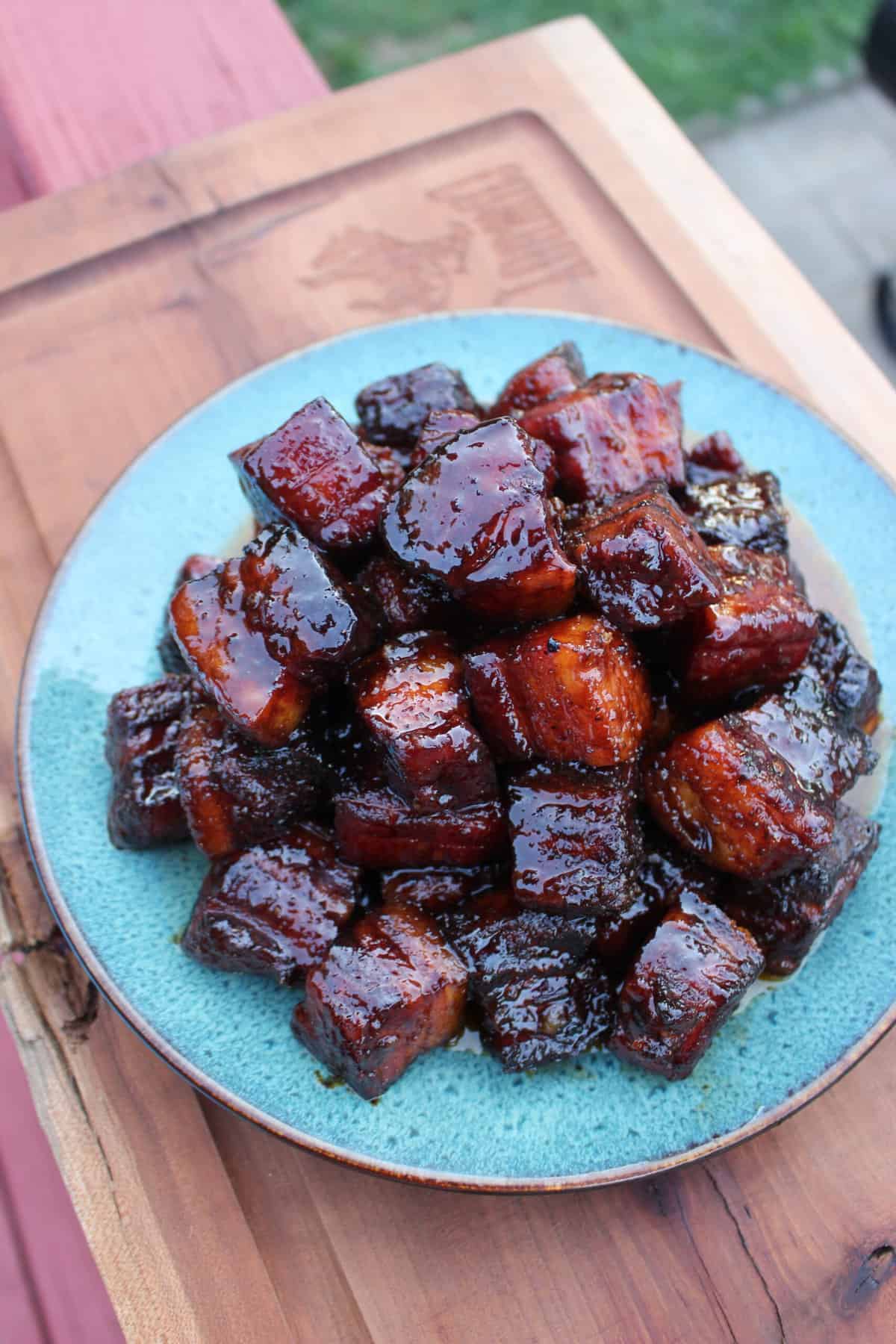 A plateful of maple bourbon pork belly burnt ends.