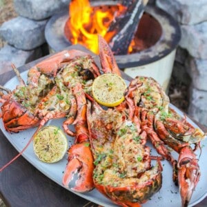 Grilled Lobster with Hot Honey Butter placed together on a serving platter.