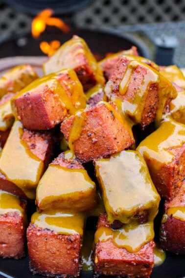 Smoked Bologna Burnt Ends drizzled with the Honey Gold BBQ Sauce.