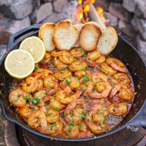 Spanish Garlic Shrimp garnished and served in the cast iron skillet.