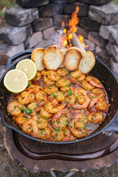 Spanish Garlic Shrimp garnished and served in the cast iron skillet.