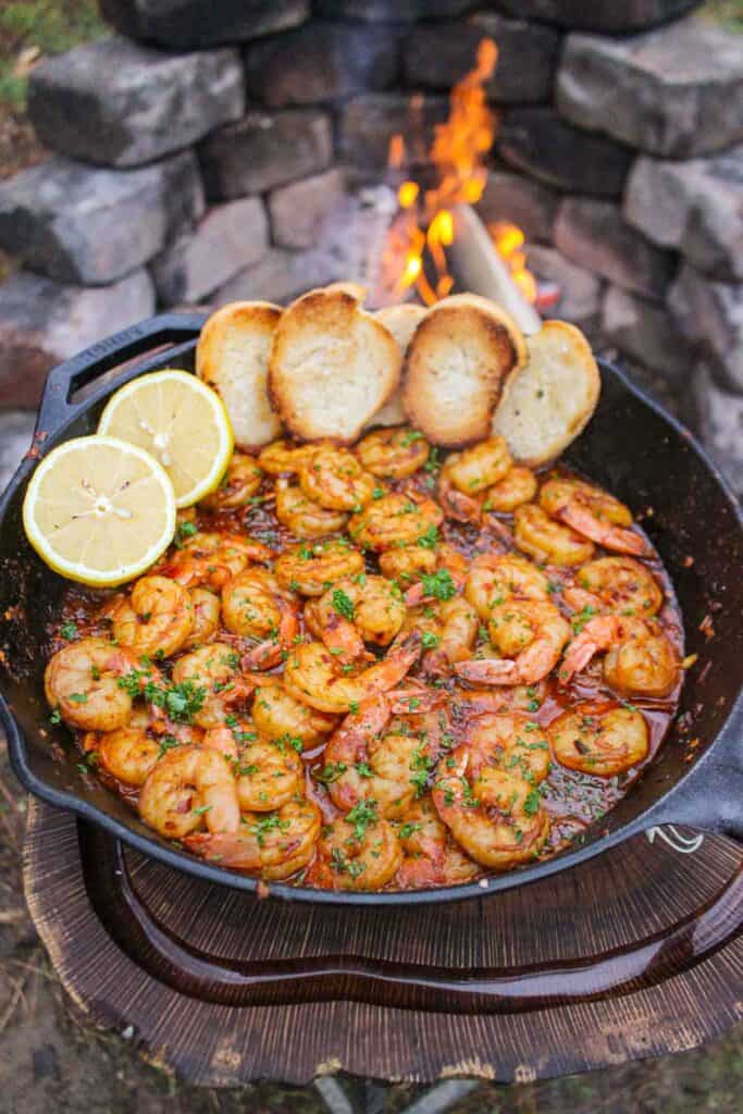 Spanish Garlic Shrimp garnished and served in the cast iron skillet.