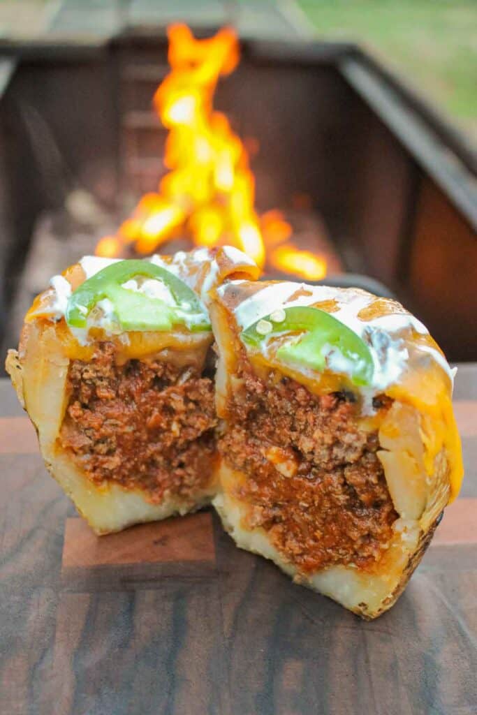 One of the Chili Cheese Potato Volcanoes that's been sliced down the middle.