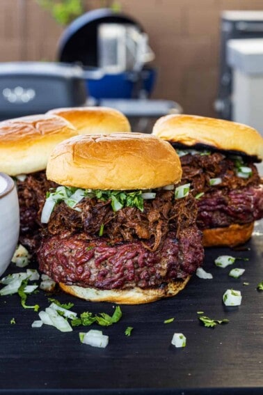 Smoked Birria Burgers assembled and ready to devour.