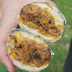 The cheesesteak is sliced in half so you can see all the goodness inside after the easy recipe is done.