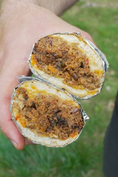 The cheesesteak is sliced in half so you can see all the goodness inside after the easy recipe is done.