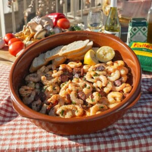 The chorizo garlic shrimp is served in a bowl big enough for sharing with all your friends and family at your table.