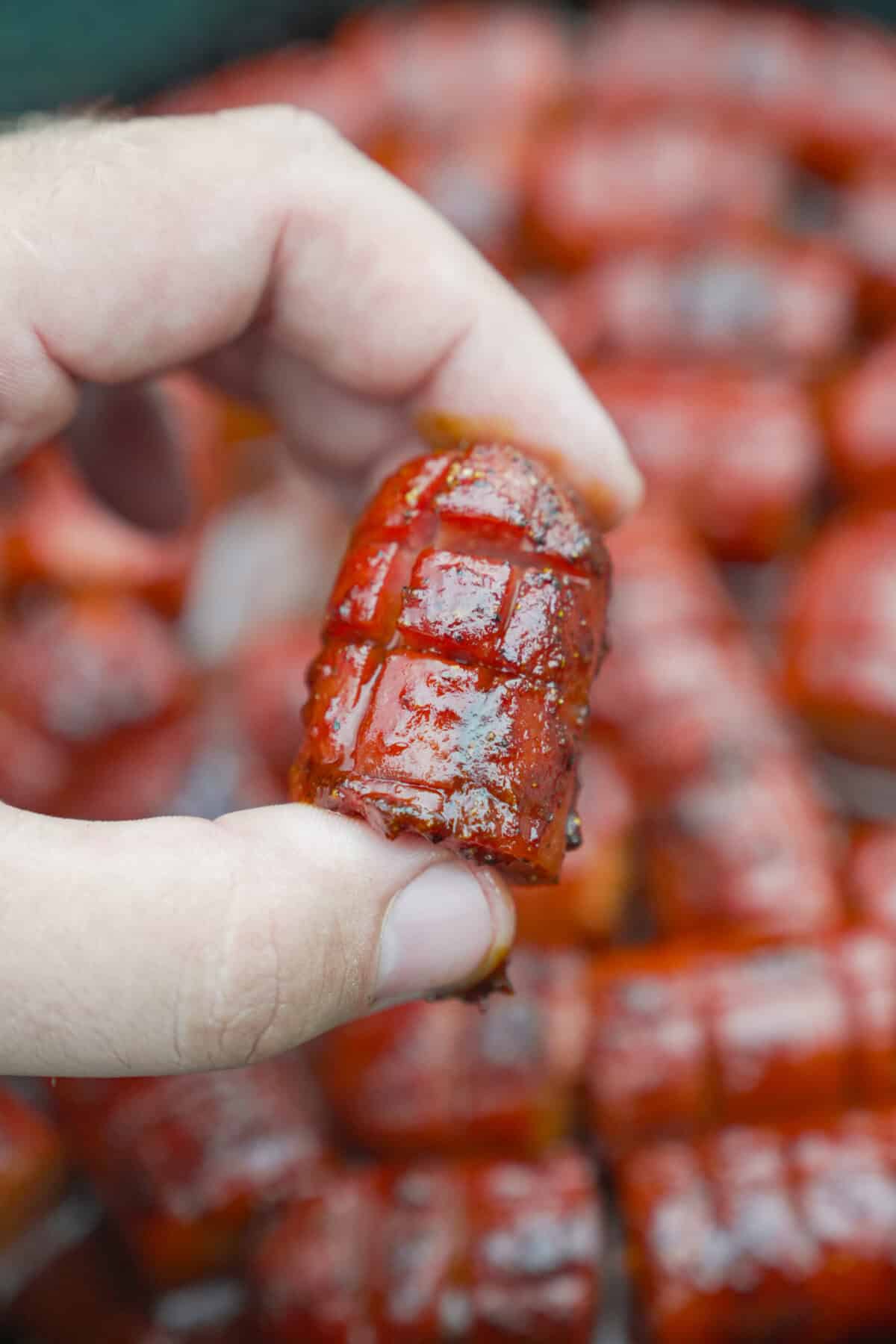 A close up shot of the hot dog bites.