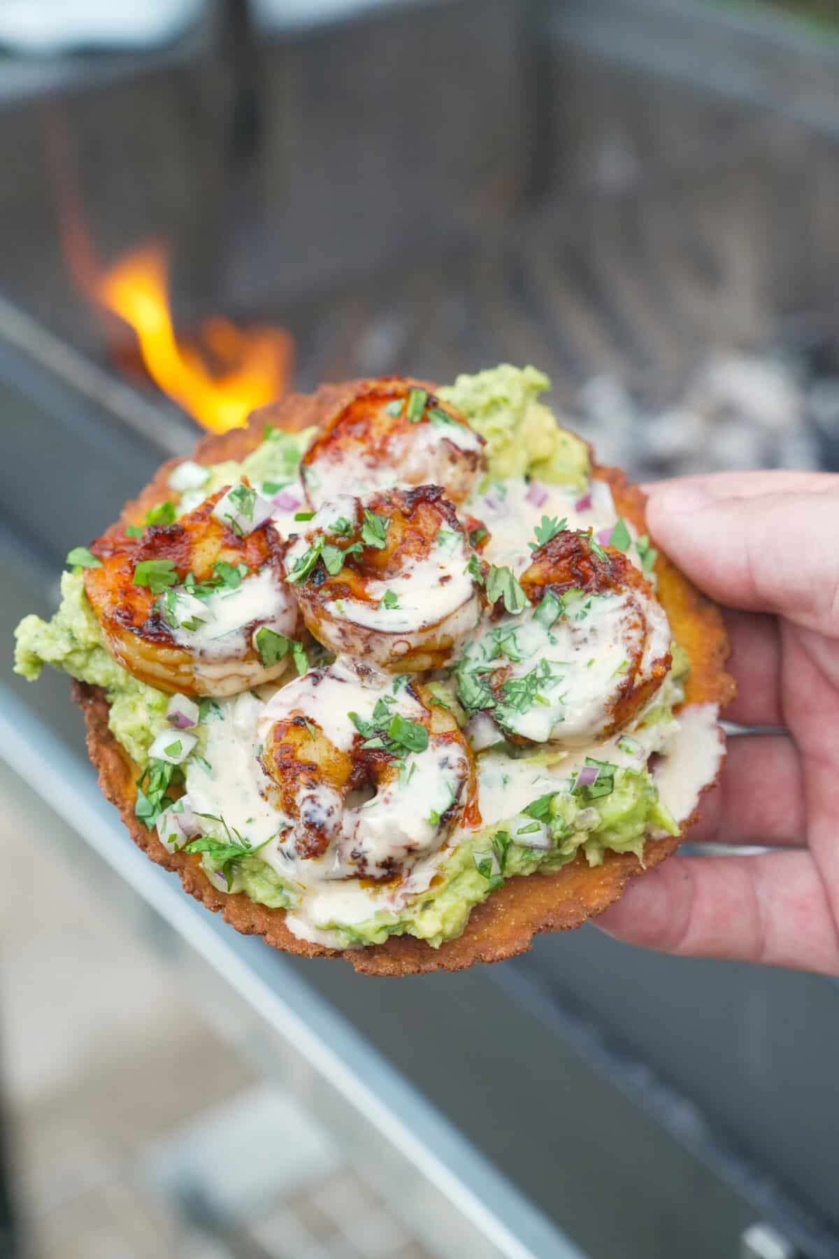 A close up of the dish with guacamole and yum yum sauce