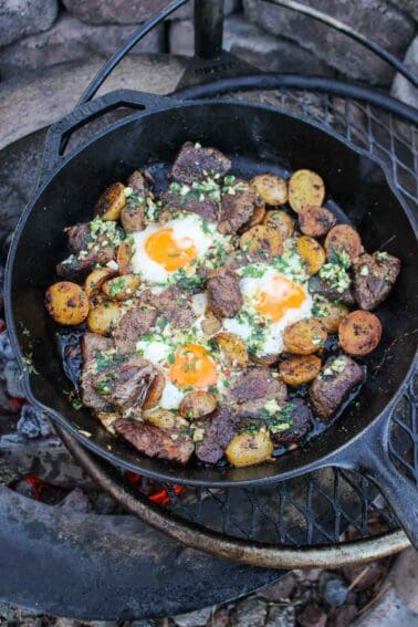 Steak Bites with eggs and crispy potatoes.