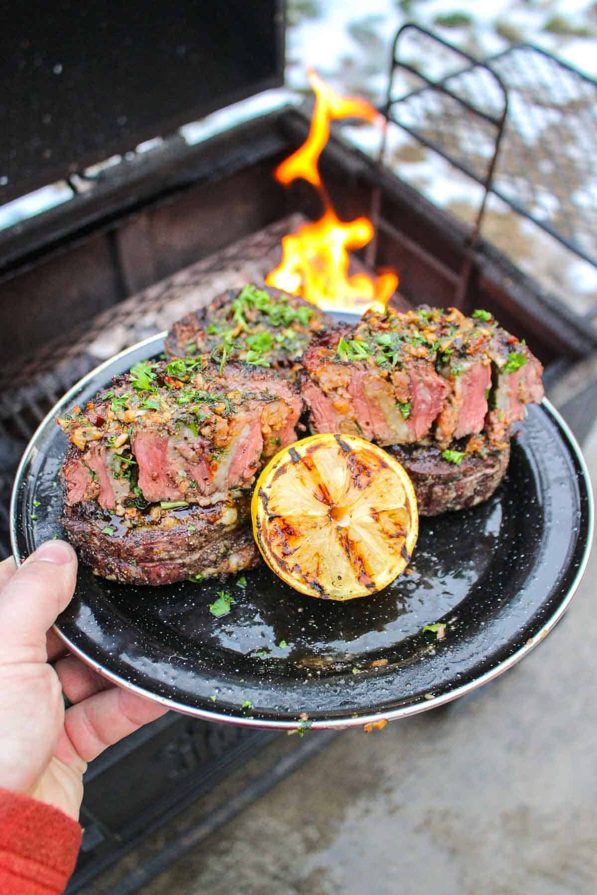 Spanish garlic steak pinwheels, served and ready to eat.