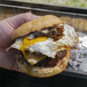 The burger is built and ready for the first bite. A total flavor bomb for your taste buds awaits.