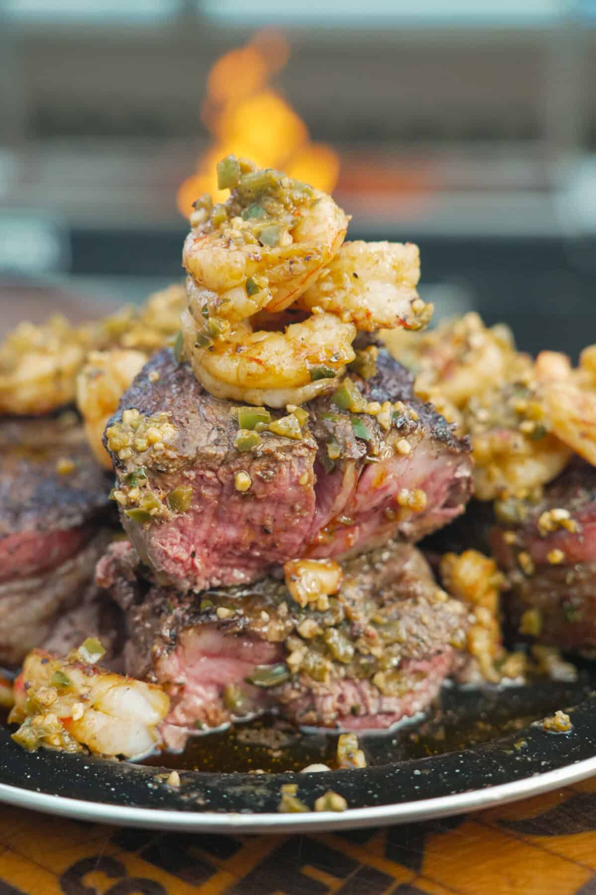 Steak Diablo with Grilled Shrimp is a masterpiece of taste, fire, and presentation.