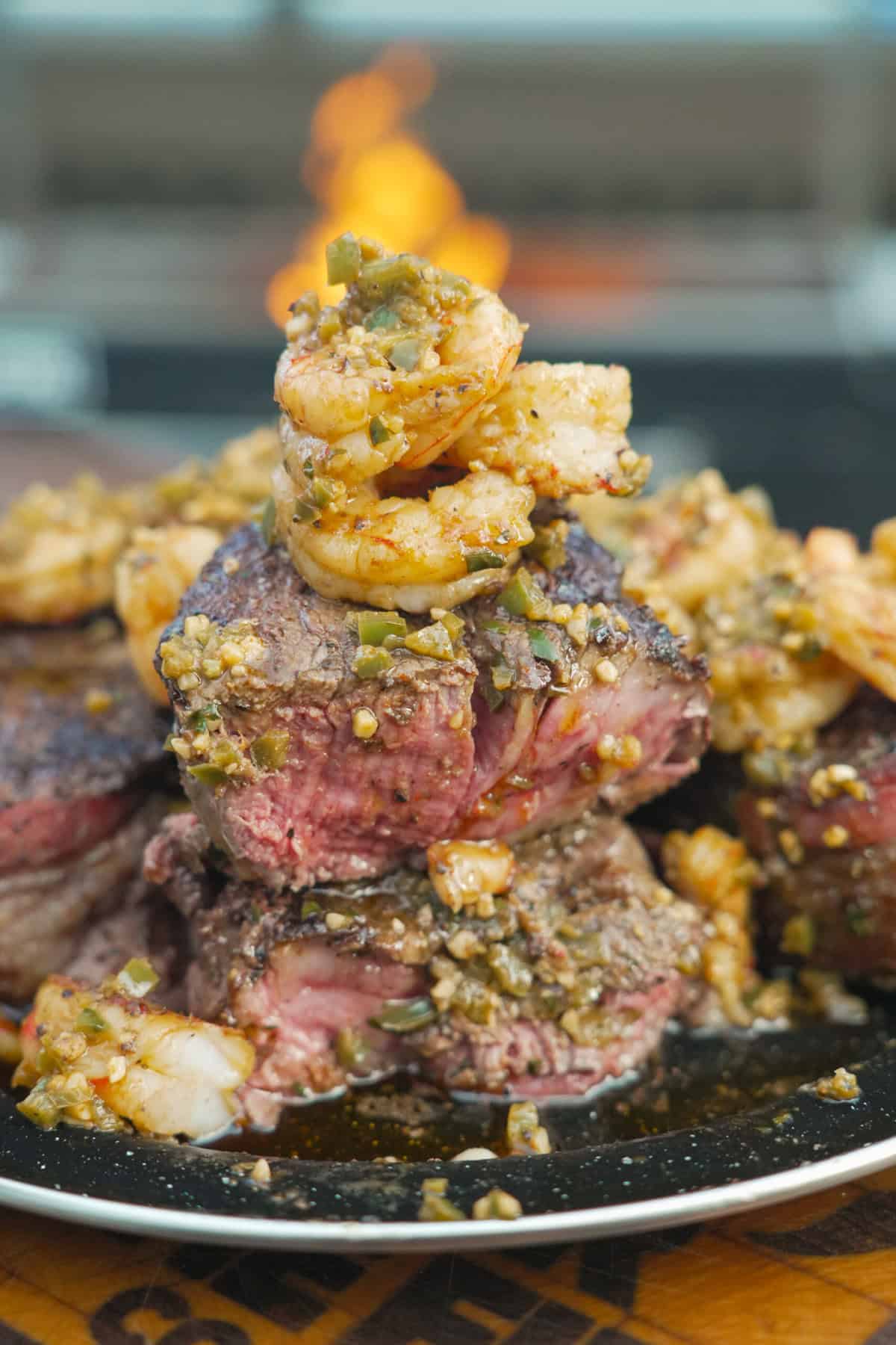 Steak Diablo with Grilled Shrimp is a masterpiece of taste, fire, and presentation.