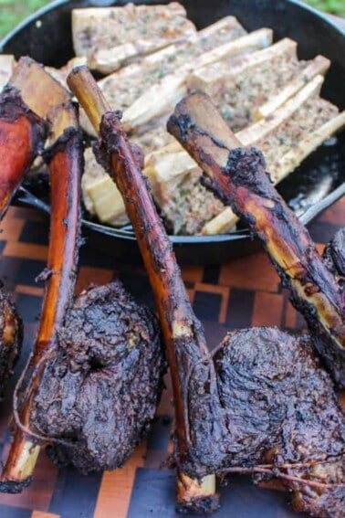Tomahawk Beef Short Ribs with bone marrow plated.