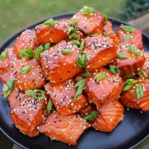 Smoked Salmon Burnt Ends garnished and served.