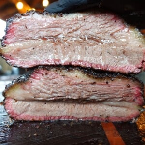 The sliced shot of a smoked brisket.