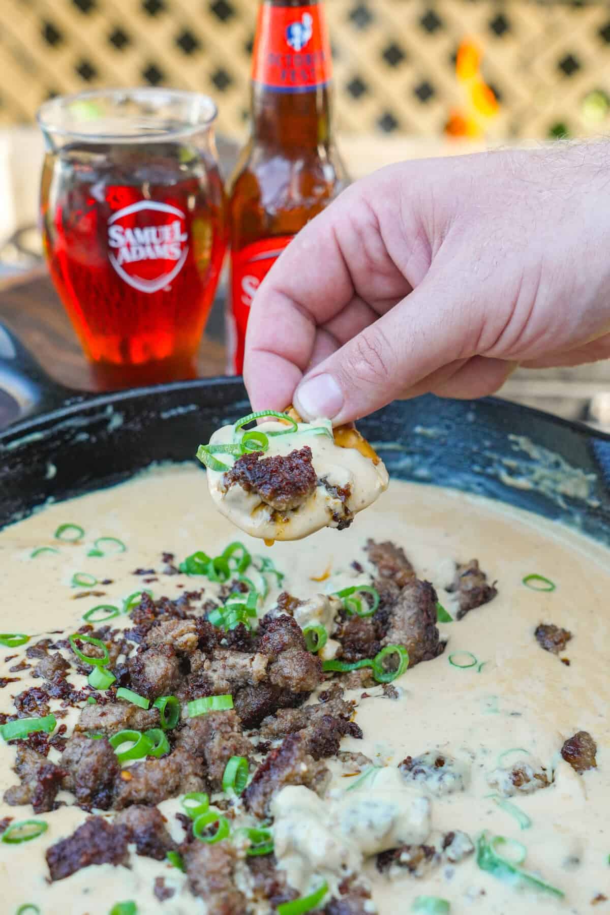 Close up of the Beer Cheese Dip after everything is cooked and ready to eat.