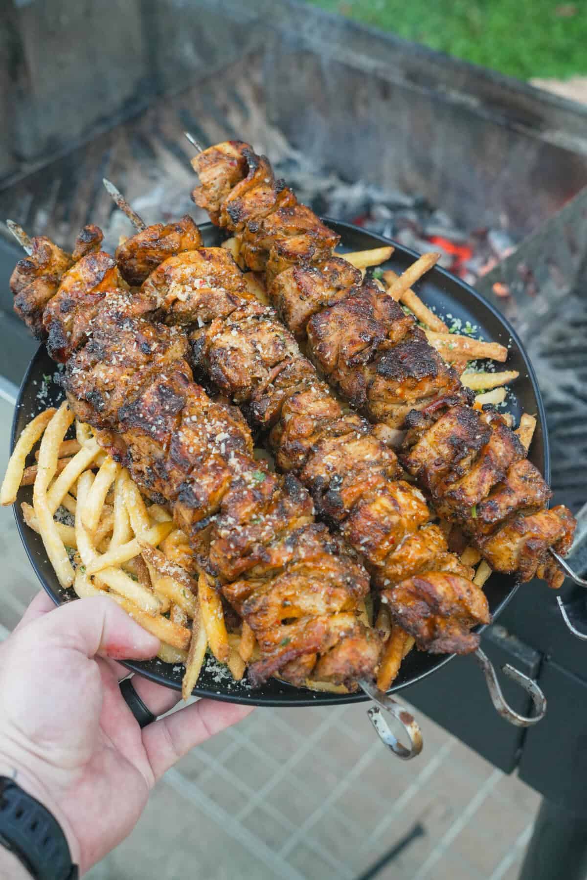 A hand holding a plate of garlic Parmesan chicken skewers on top of fries