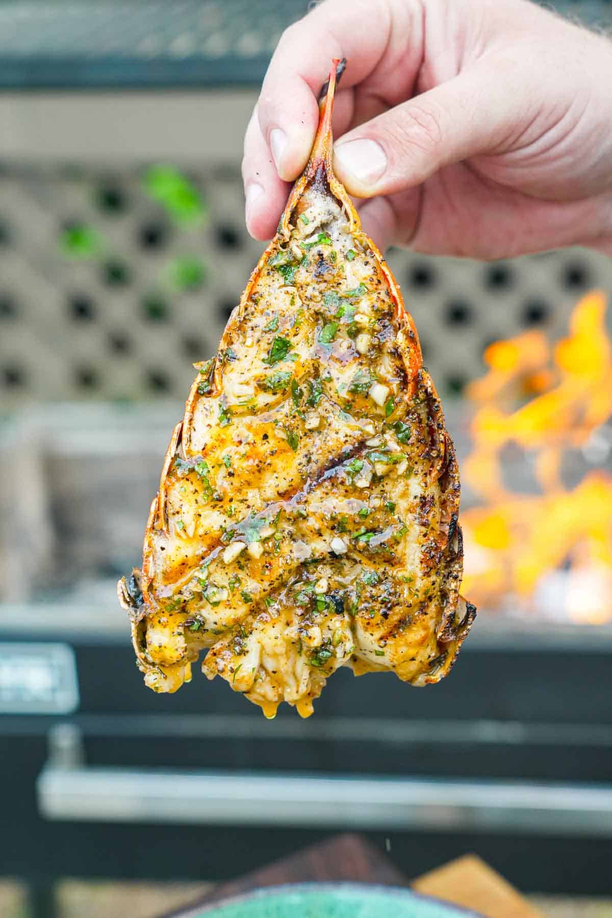 A hand holding a grilled lobster tail with honey Cajun butter and a grill in the background