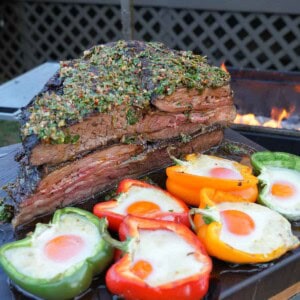Another view of the steak smothered in the zesty chimichurri sauce that is easy to make with simple ingredients.