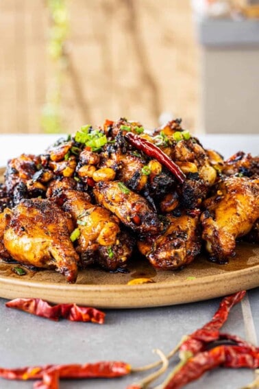 Grilled Kung Pao Chicken Wings plated and ready to serve.
