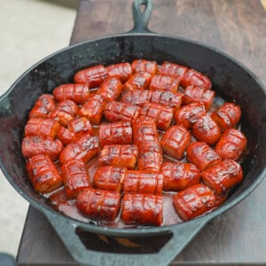 A skillet full of rattlesnake hot dog bites
