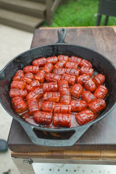 A skillet full of rattlesnake hot dog bites