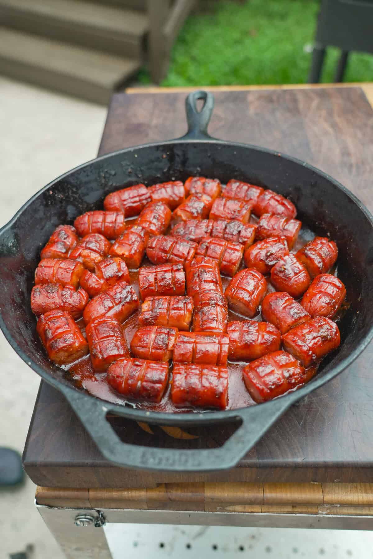 A skillet full of rattlesnake hot dog bites