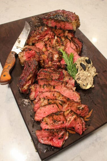 Reverse Seared Steak sliced and ready to serve.