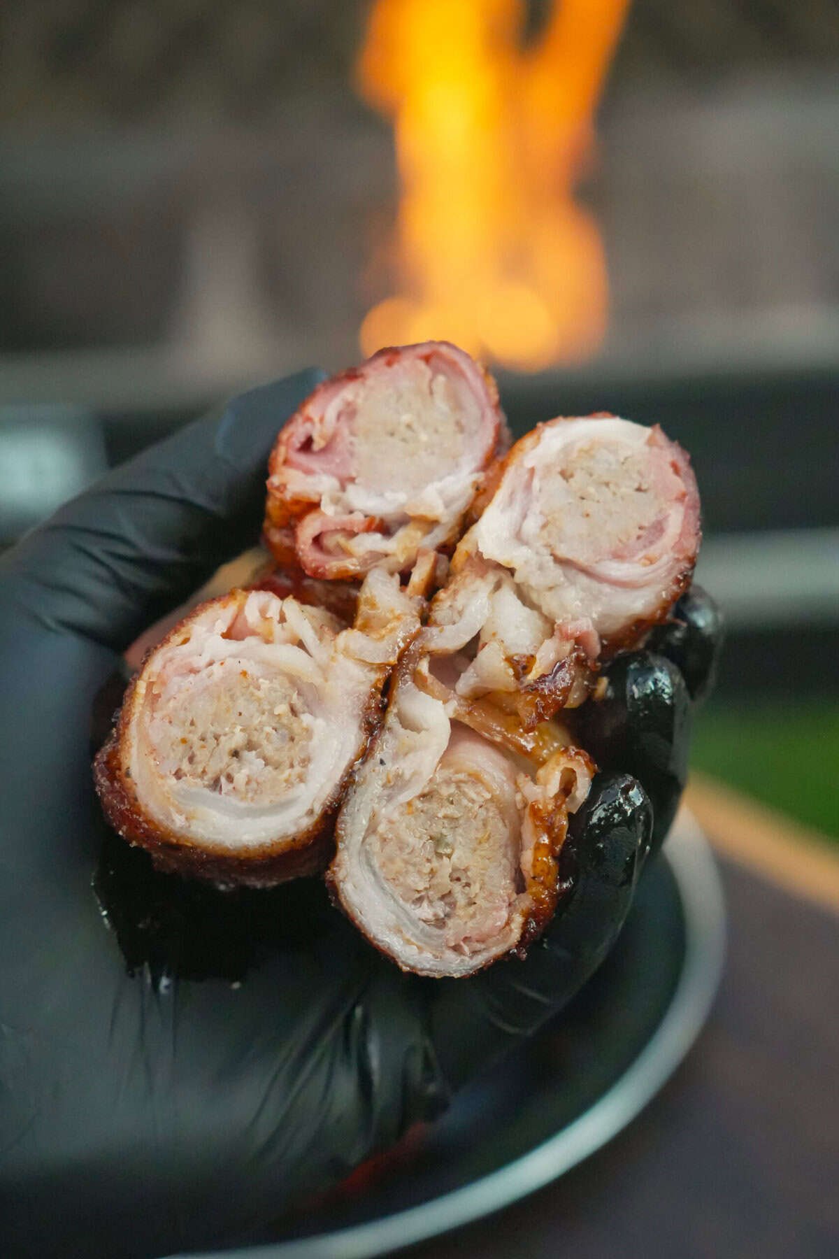A sliced shot of one of the stuffed onion rings