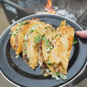 A hand holding a plate with three Spanish garlic tacos, with pork skirt steak, Manchego cheese and garlic herb sauce