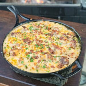 Steak Mac and cheese is baked and ready to serve.