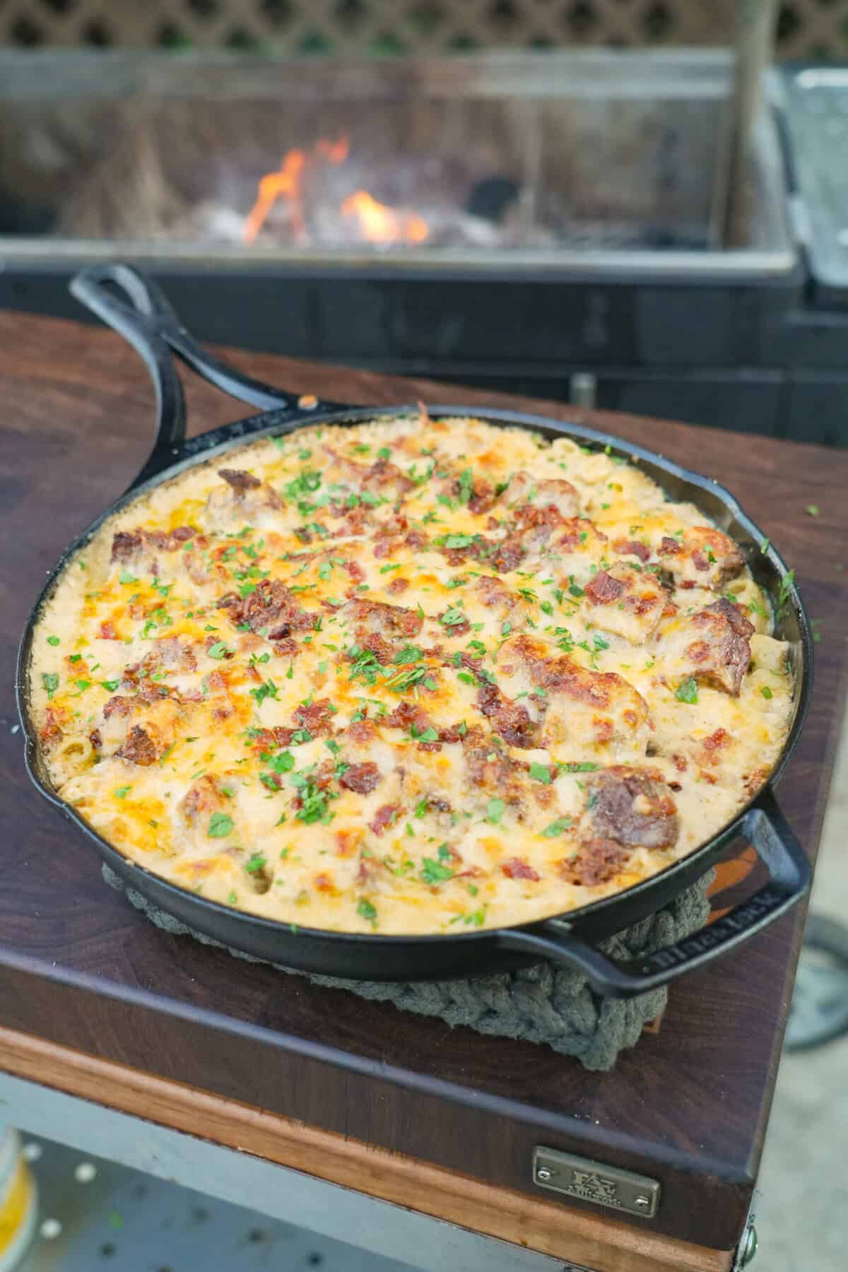 Steak Mac and cheese is baked and ready to serve. 