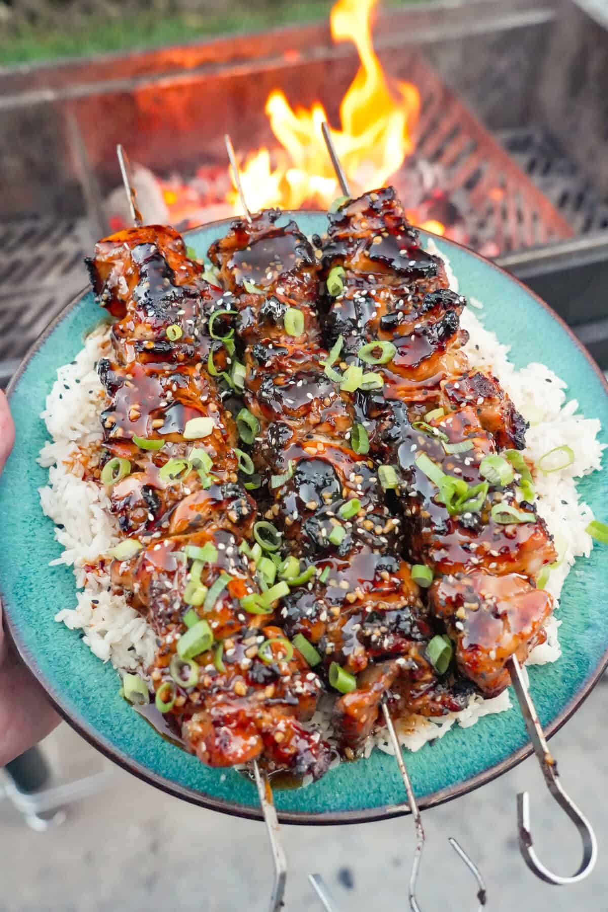 A plate of teriyaki chicken skewers garnished with scallions and sesame seeds over a plate of white rice